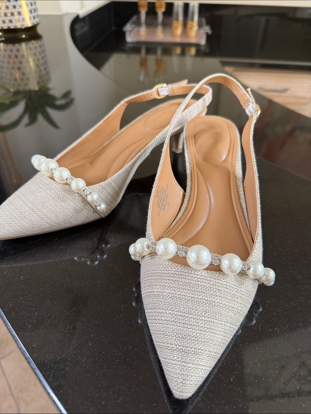 Kelly & Katie Pearl-Strap Pointed Slingback Mules in Beige